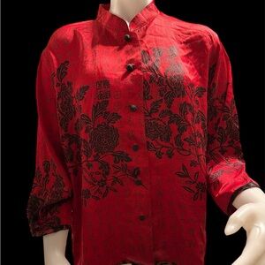 Elegant Red Floral  silk woman  Button Down Shirt